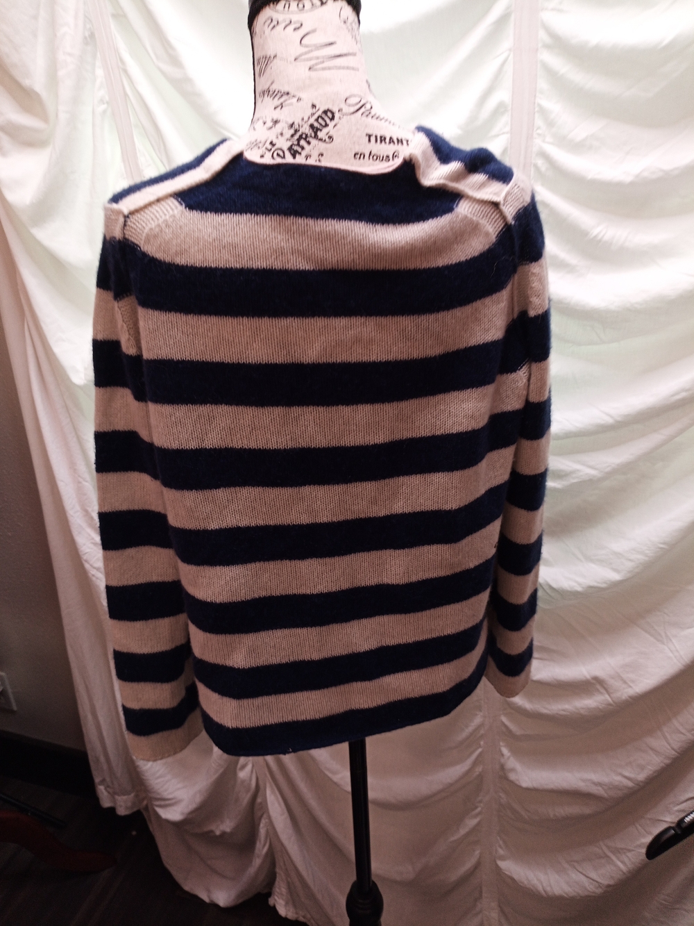 360 Cashmere Navy and Cream Striped Button-Front Cashmere Cardigan - Picture 4 of 8